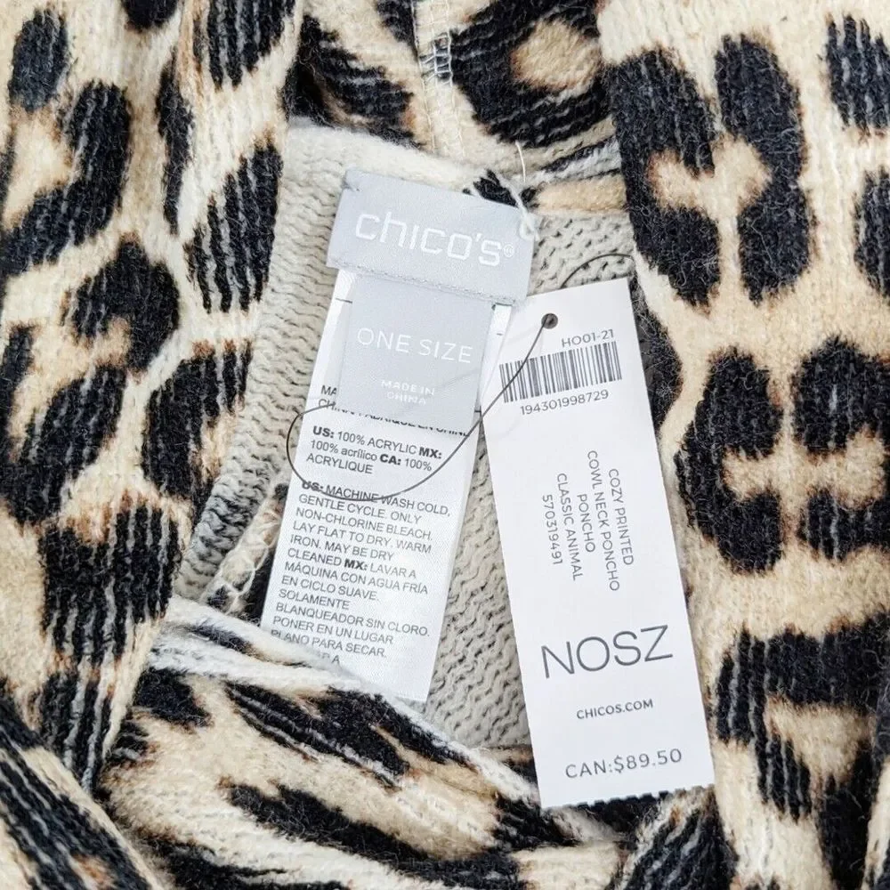 Chicos Cozy Printed Cowl Neck Poncho‎ Classic Animal Leopard Fringe One Size NEW